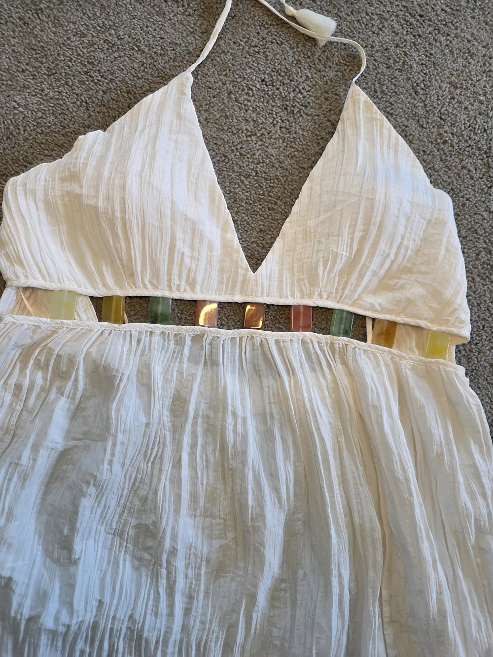Anne Cole White Linen Halter Maxi Beach Cover Up Dress with Cutout Jewel Waist - Picture 3 of 8